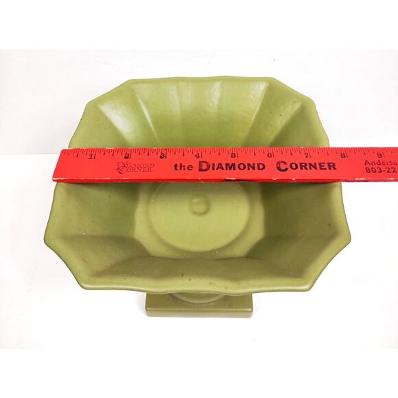 Vintage Hyalyn Pottery Square Pedestal Bowl Planter Green MCM Decor Scalloped - Picture 5 of 7